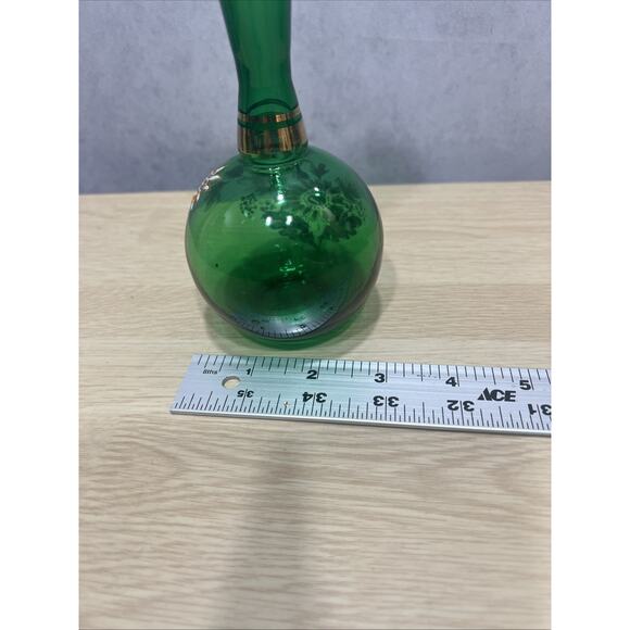 Bohemian Czech Glass Bud Vase Green Gold Trim Hand Painted Raised flowers 8" - Picture 8 of 8